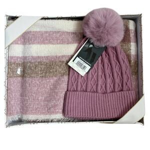 New Nine West Scarf and Faux Fur Pom Beanie Set